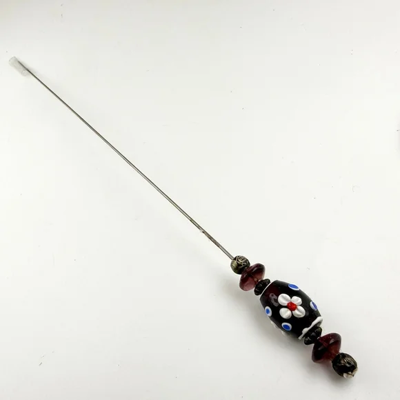 Victorian Lampwork Hat Pin Floral Glass Bead 7 Inch Antique Stick Pin - Picture 5 of 8